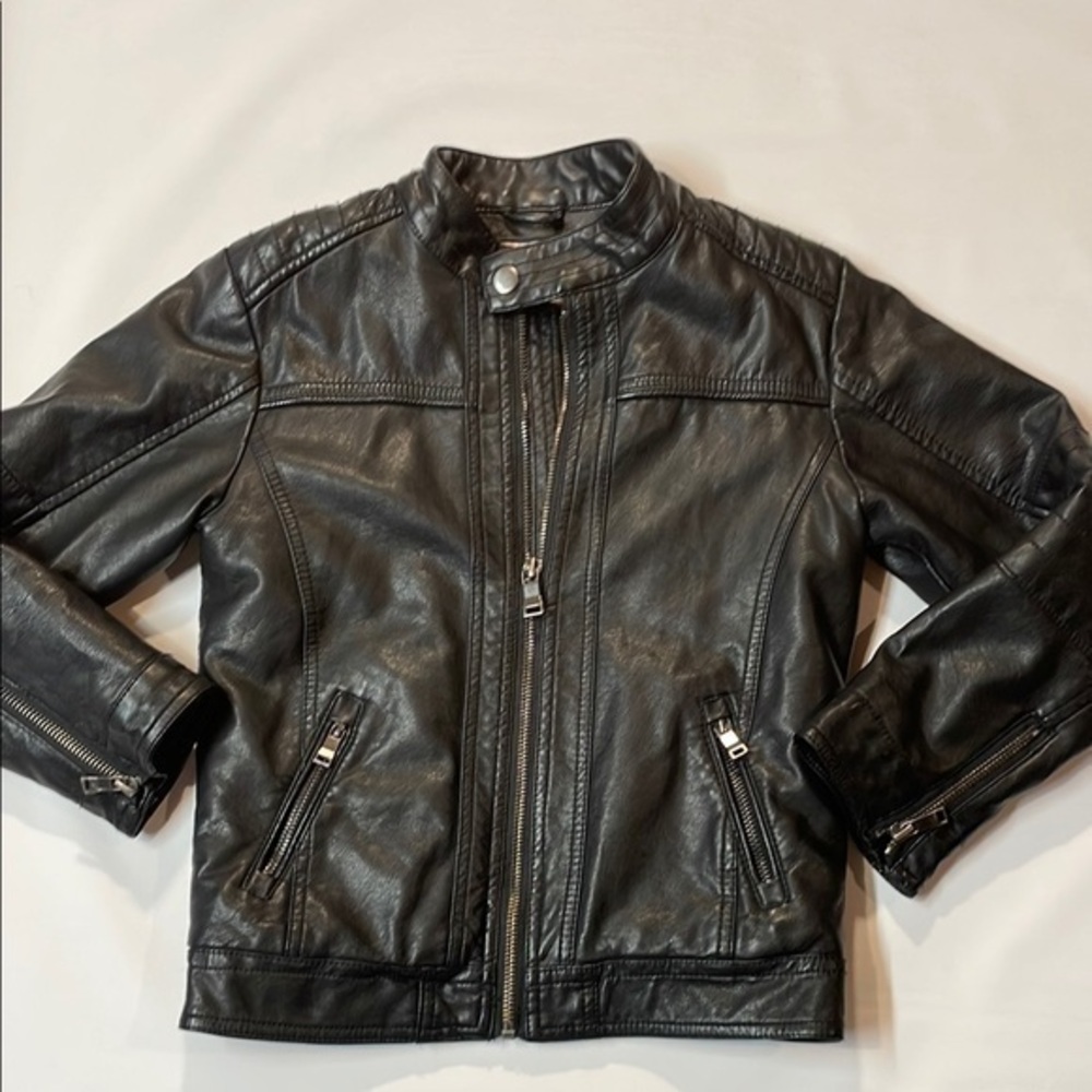 Angle Chest Unisex Kids Black Leather Fur lined Moto Jacket Size 4-5